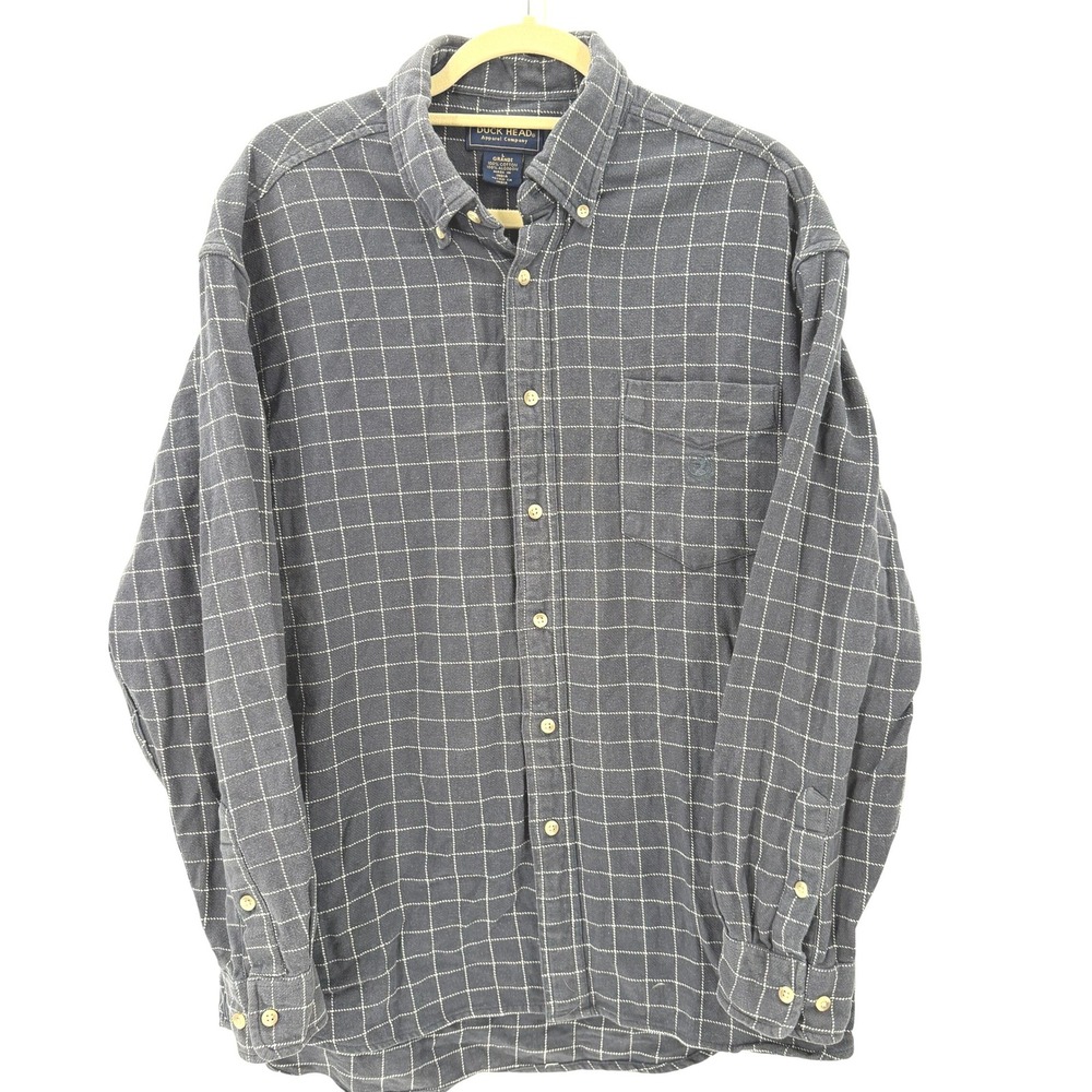 Duck Head Mens L Navy Windowpane Plaid Cotton Flannel Shirt Preppy Outdoors